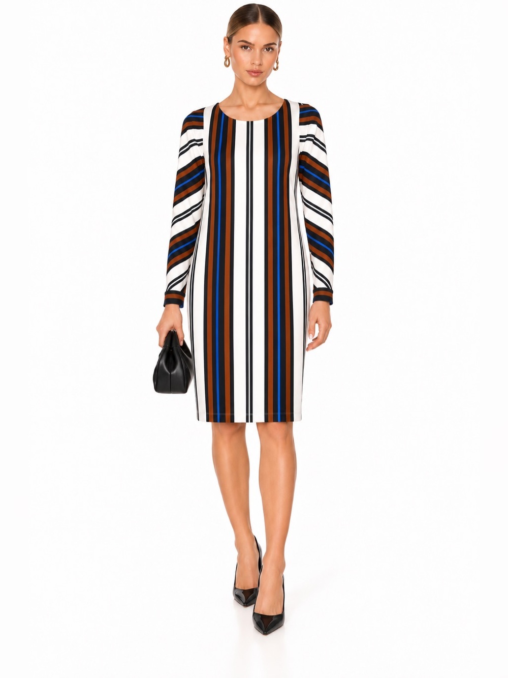 Pink Tartan Striped Long-Sleeve Shift Dress - Cream, Blue & Brown slimming